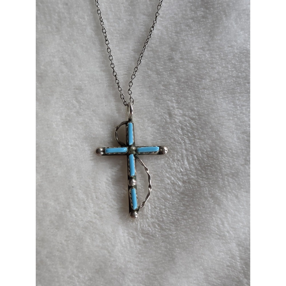 Zuni Sterling & Turquoise Cross Pendant With Sterling Chain